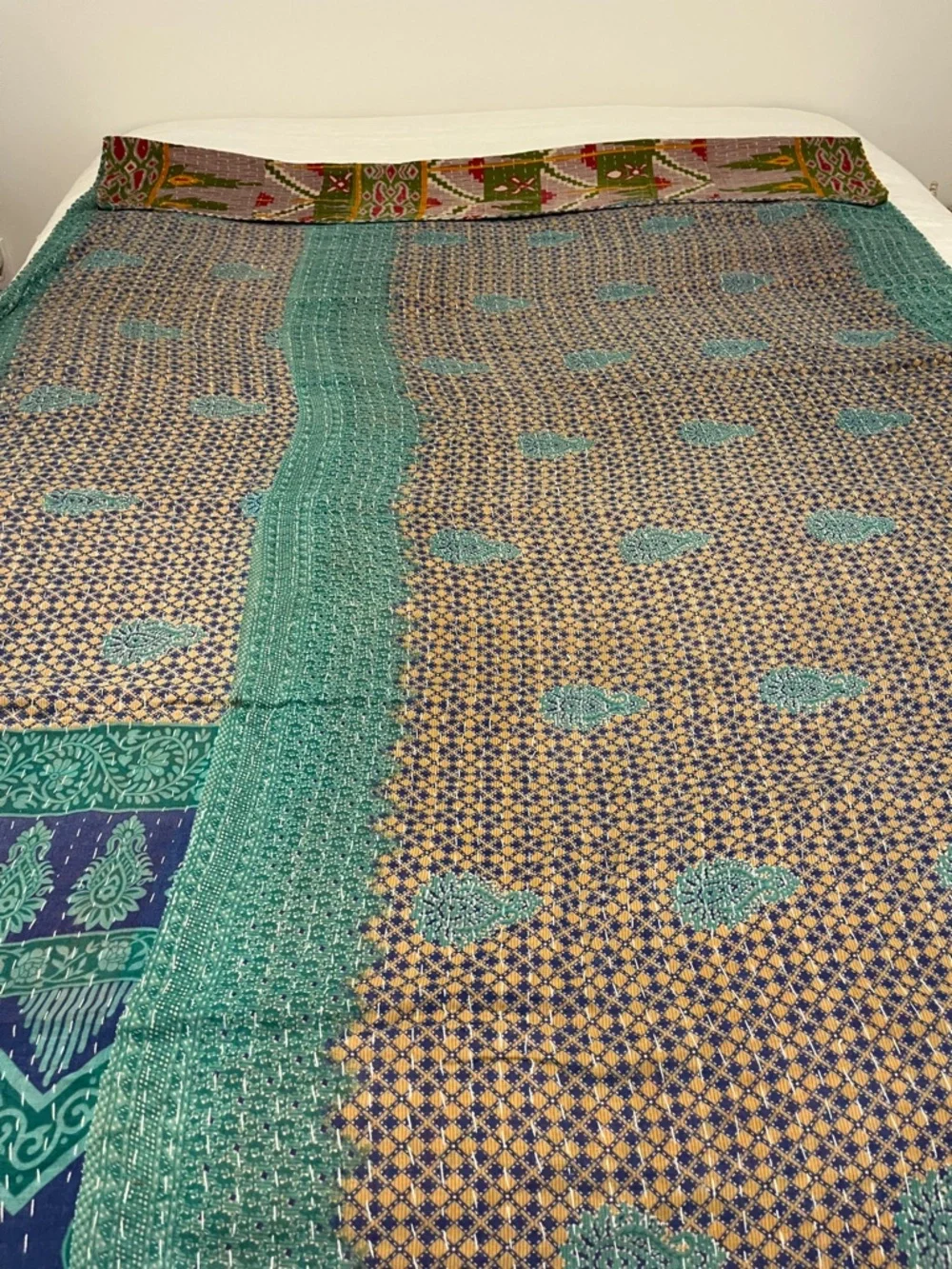 KANTHA QUILT HANDCRAFTED LIGHTWEIGHT REVERSIBLE BLANKET THROW BEDDING FROM INDIA - Picture 12 of 12